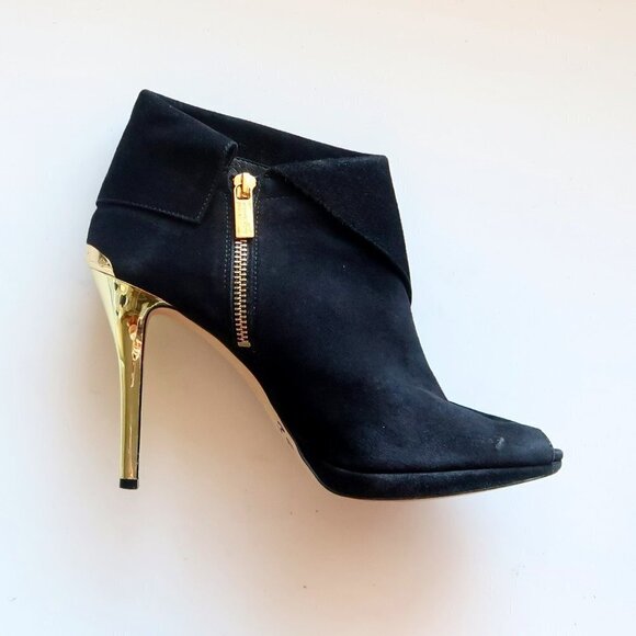 Michael Kors Black Suede Leather Peep Toe Gold Heel Ankle Boots / Booties Sz. 10 - Picture 8 of 16
